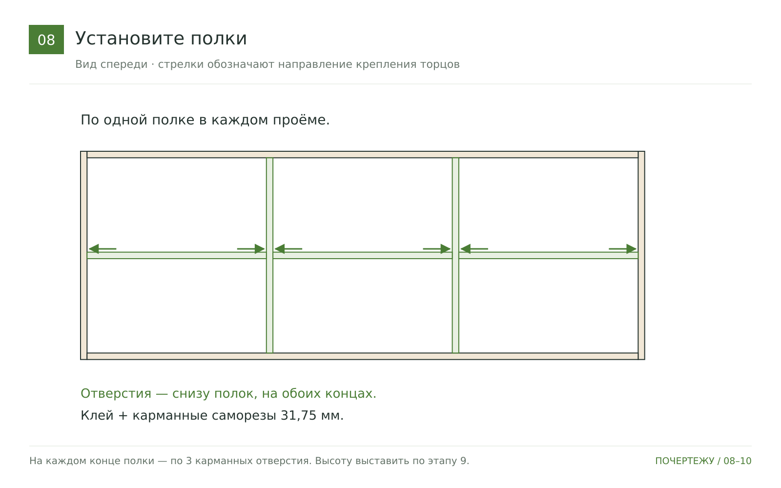 Установите горизонтальные полки