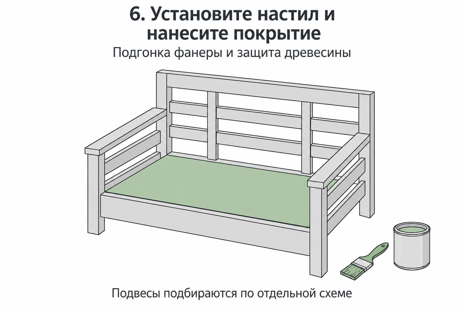 Подгоните настил, обработайте древесину и подготовьте подвес